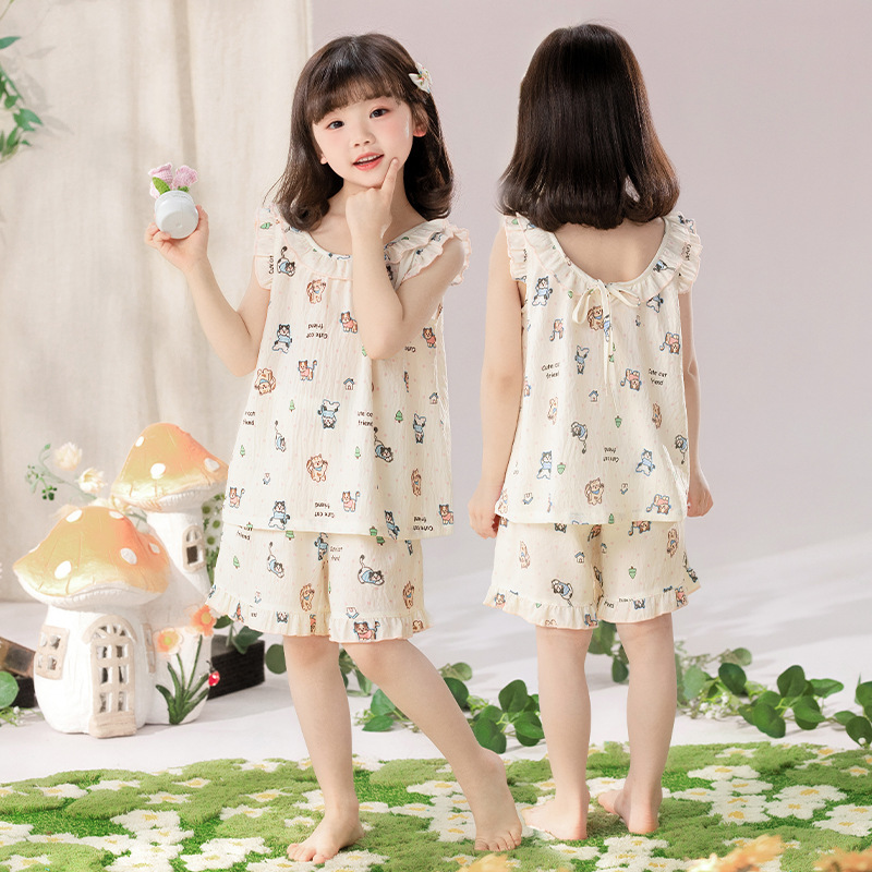 子供用ネグリジェ、女の子夏新作クラウドコットンベストサスペンダーロングスカート母娘親子フレンチパジャマホーム服|undefined