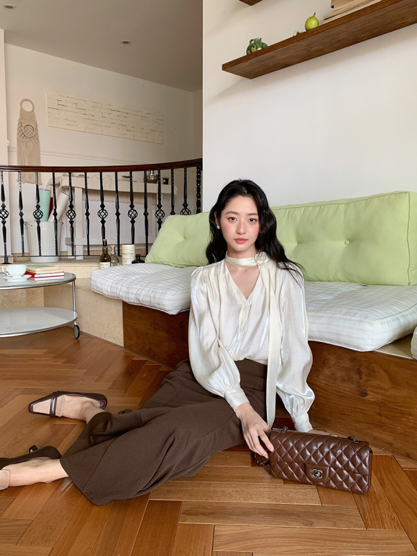 起范 玫瑰飘带雪纺衬衫女2025秋季新款通勤法式衬衣十三行86621|undefined
