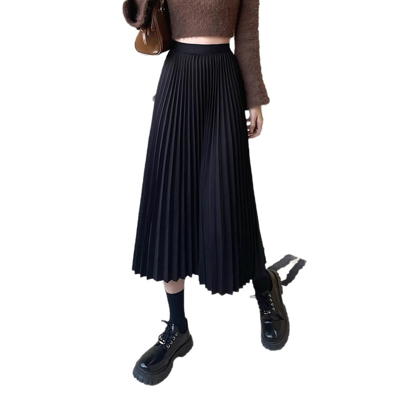 黒のスタイリッシュなプリーツスカートハイウエストストレートスカート女性のための 2025 新しい多用途痩身スカート在庫あり|undefined