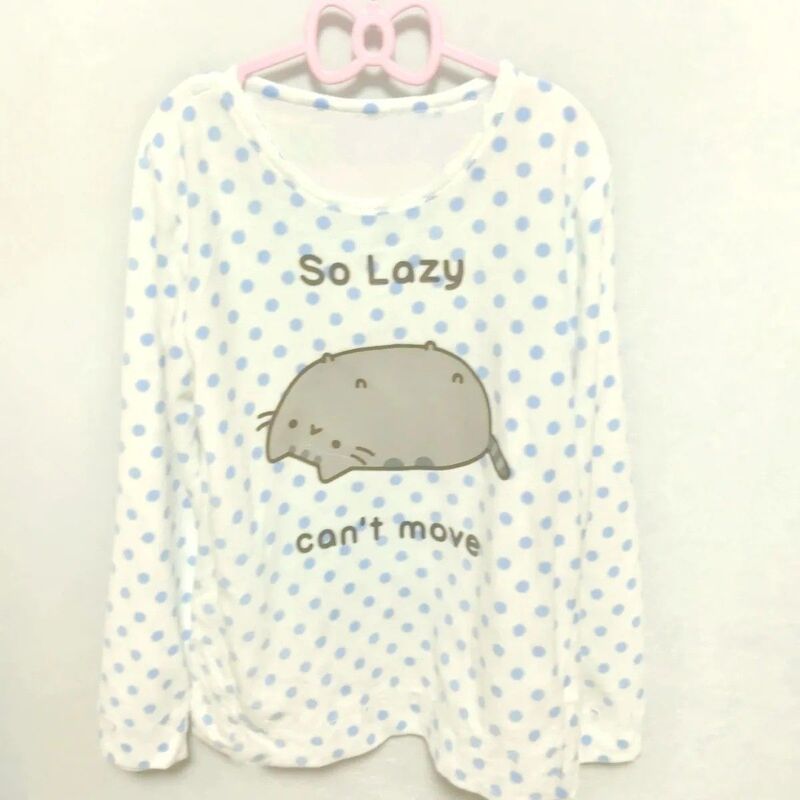 Polka Dot Cute Lazy Cat Print Two-Dimensional Soft and Adorable Loose Casual Long-Sleeve Top Versatile Student T-Shirt for Home Wear