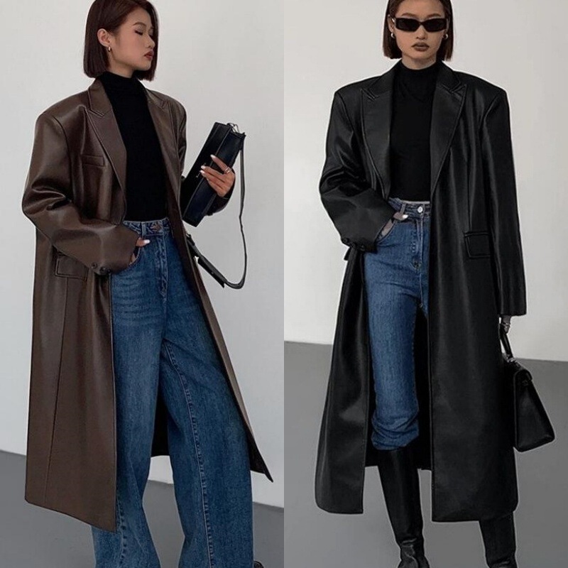 Quality Inspection Officer Picture Mid-Length Leather Jacket for Women 2024 Spring & Fall Fashion New Loose Over-The-Knee Pu Leather Suit Jacket Outwear Quality Inspection Officer Picture Mid-Length Leather Jacket for Women 2024 Spring & Fall Fashion New Loose Over-The-Knee Pu Leather Suit Jacket Outwear