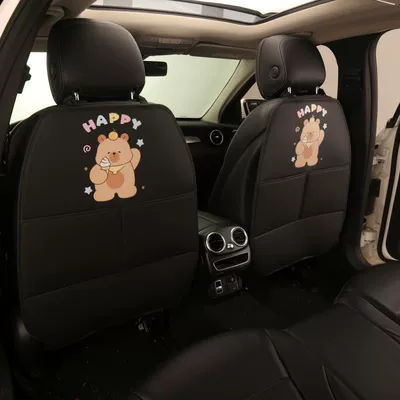 seat back anti-kick pad, universal protective: Chair back anti-kick pad - black-background-heat-transfer-print-happy-bear-long-style-pair