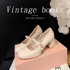 法式瑪麗珍鞋女白色春秋新款時尚高跟鞋不累腳粗跟復古氣質女單鞋