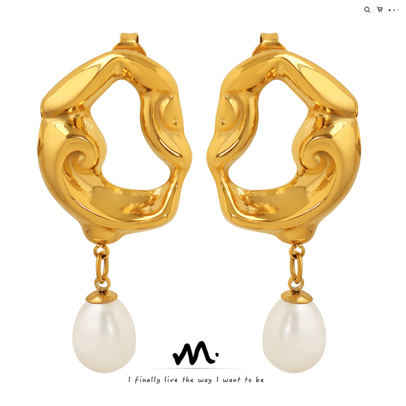 Französische Retro-Licht-Luxus-vergoldete hohle Lava-unregelmäßige Ohrringe für Damen mit Süßwasserperlen-Anhänger, übertriebene Ohrringe_voghion.com