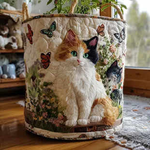 Корзина для белья с котятами стёганая с ручкой