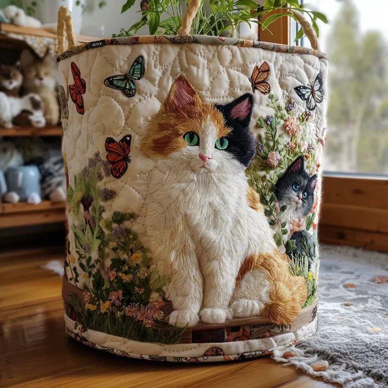 Корзина для белья с котятами стёганая с ручкой