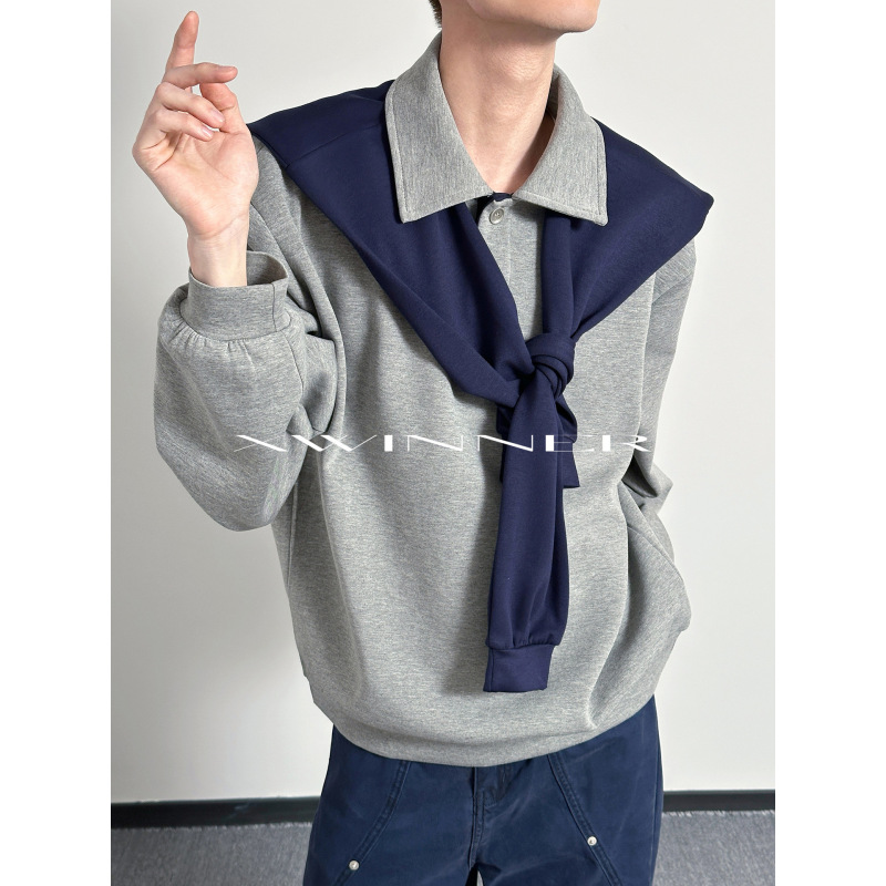 2025 New American Contrast Color Real Two-Piece Shawl Heavy Henry Collar Top Long Sleeve Sweatshirt Men's Trendy Spring and Autumn 2025 New American Contrast Color Real Two-Piece Shawl Heavy Henry Collar Top Long Sleeve Sweatshirt Men's Trendy Spring and Autumn