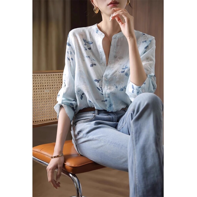 Three-Quarter Sleeve Printed Cotton Shirt for Women, Summer Top, High-End Unique and Exquisite Blouse, Slimming Chanel-Style Shirt 4158