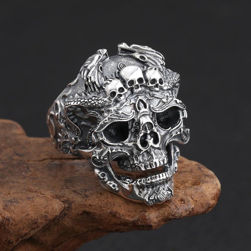 Cincin tengkorak Retro Thai s925, cincin tengkorak mendominasi perak Thailand s925, cincin kepribadian populer
