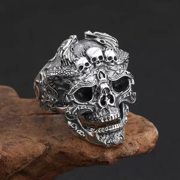 Retro Thai silver exaggerated domineering skull finger ring Thai silver men's opening adjustment ring personality popular