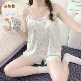 实拍夏季新款云朵棉固定胸垫吊带睡衣女甜美可爱卡通家居服套装