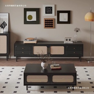 Wabi-Sabi Style New Black Tv Cabinet Set Tv Cabinet Coffee Table Combination Home French Simple Retro Rattan