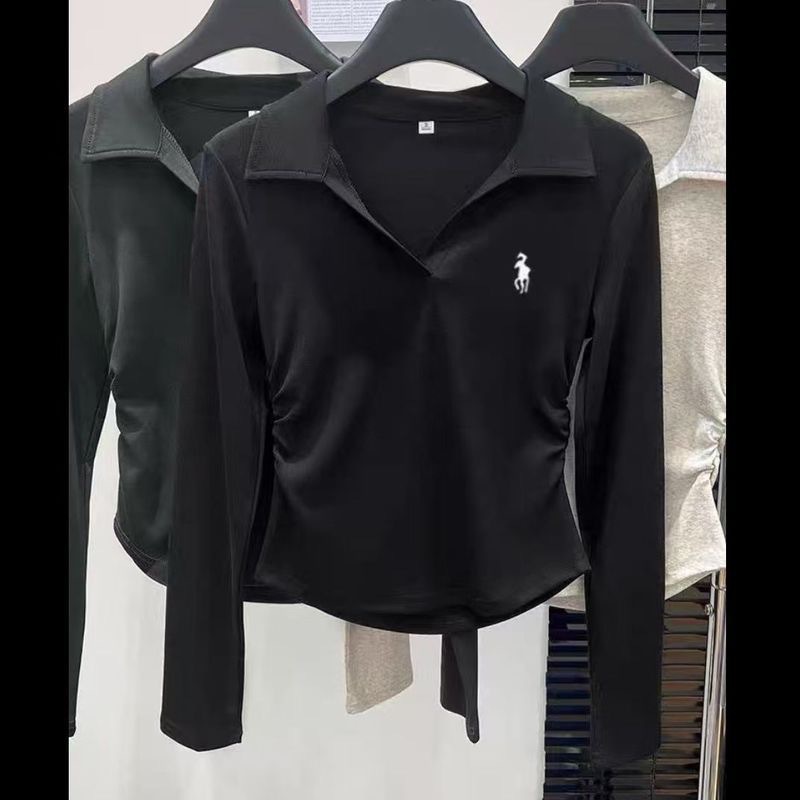 Women's Slim Fit Embroidered Base Layer T-Shirt Long Sleeve Collared Design Off-Shoulder Top For Autumn Winter Unique Style_voghion.com