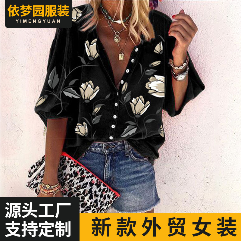 Cross-Border Women's Clothing 2026 European and American Printed Shirts, Stand-Up Collar Loose Plus-Size Women's Clothing, Foreign Trade Casual Shirts Wholesale