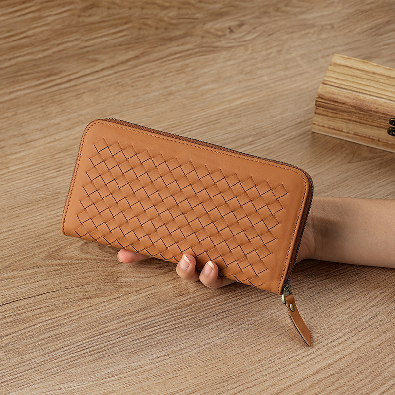 Amazon Cross-border Genuine Leather Long Wallet Women's Coin Purse Woven Pattern Multi-card Bit Top Layer Cowhide Clutch Bag for Women