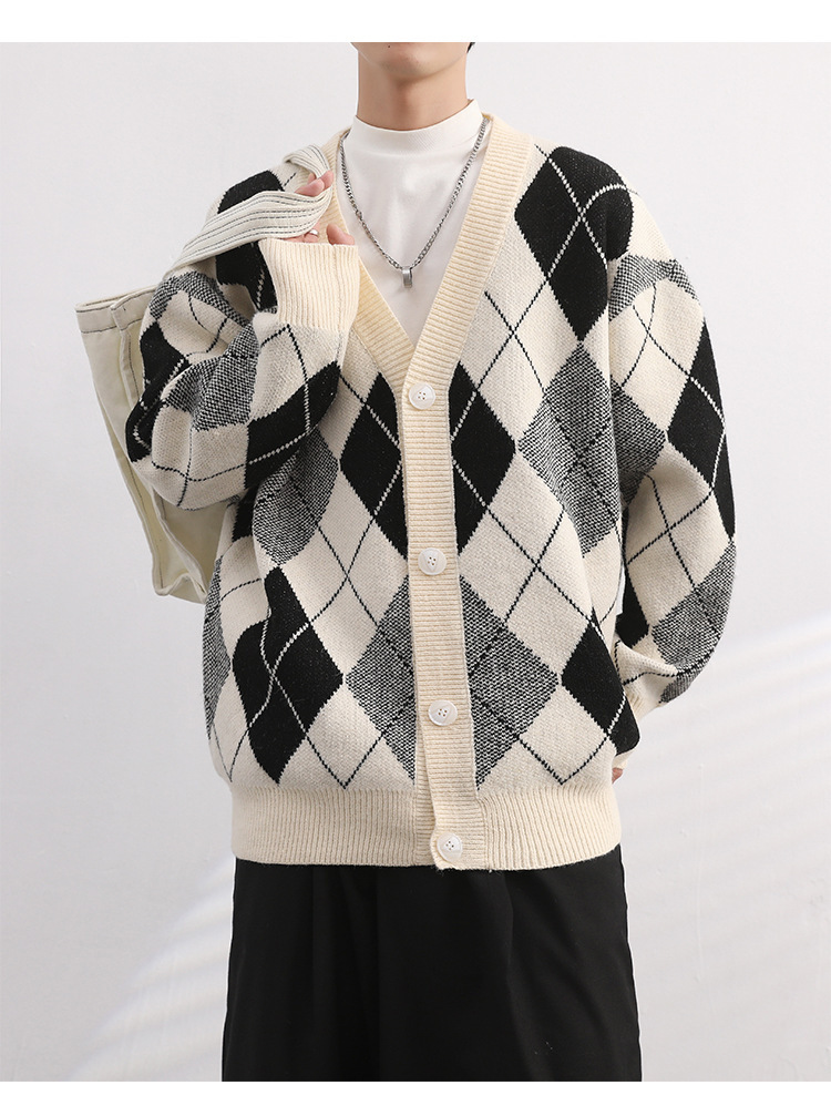 Classic Diamond Sweater Men's V-Neck Knit Jacket Image 3