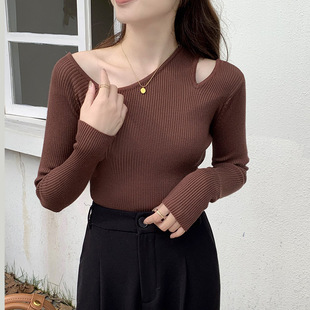 Slant Collar Off-Shoulder Sexy Long-Sleeved Bottoming Shirt for Women in Autumn and Winter Anti-Pilling Non-Fading Knitwear Asymmetrical Knitwear