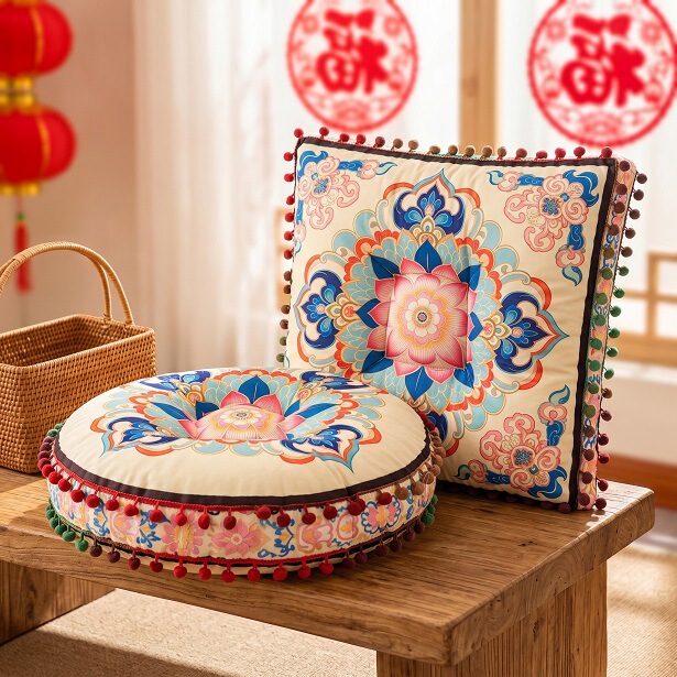 Retro ethnic style round thickened cushion for home use, tatami non-slip chair backrest cushion, simple and soft