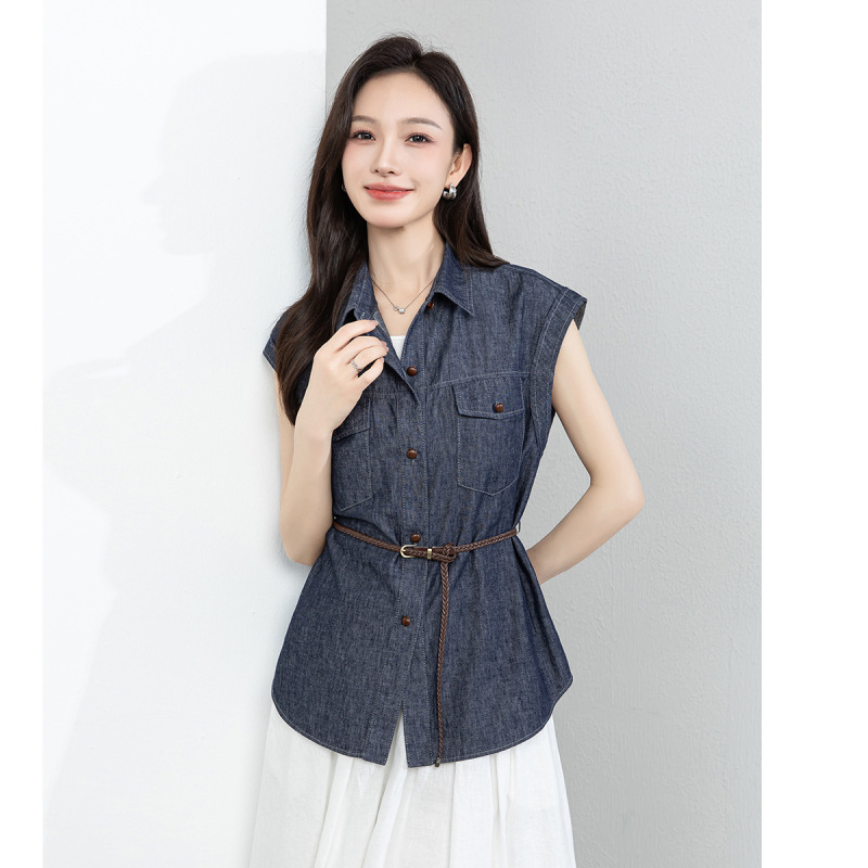 Xingge Cotton and Linen Lapel Single-Breasted Sleeveless Vest Denim Shirt Women's Top Summer 2026 New Style Simple and Versatile