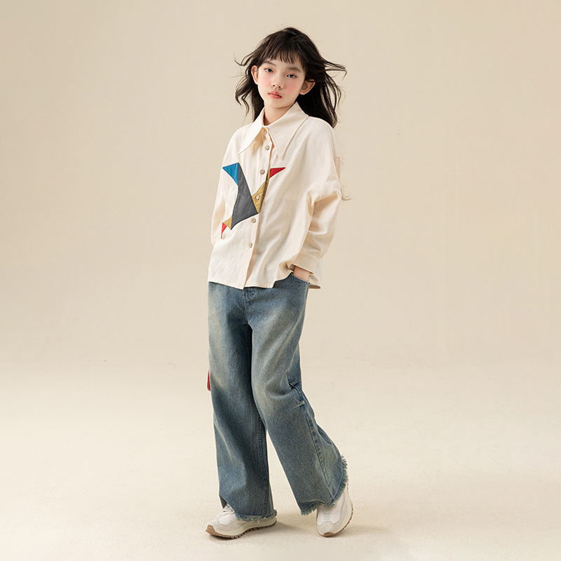 Camisa de las niñas primavera y otoño 2024 camisa blanca de los nuevos niños camisa de primavera y otoño de los niños medianos y grandes camisa pequeña de moda