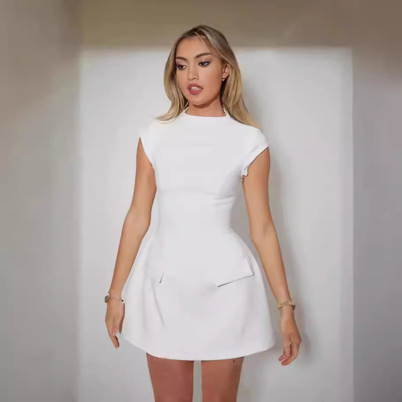 2026 Spring New Amazon Product European and American Women's Fashion Solid Color Round Neck Pocket Design Waist-Cinching Slim Dress