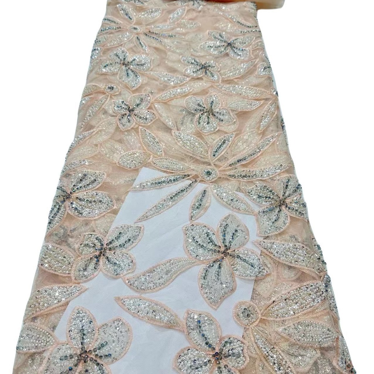Flores de hojas bordadas de encaje bordado tela de alto lujo vestido de boda vestido de tela en stock