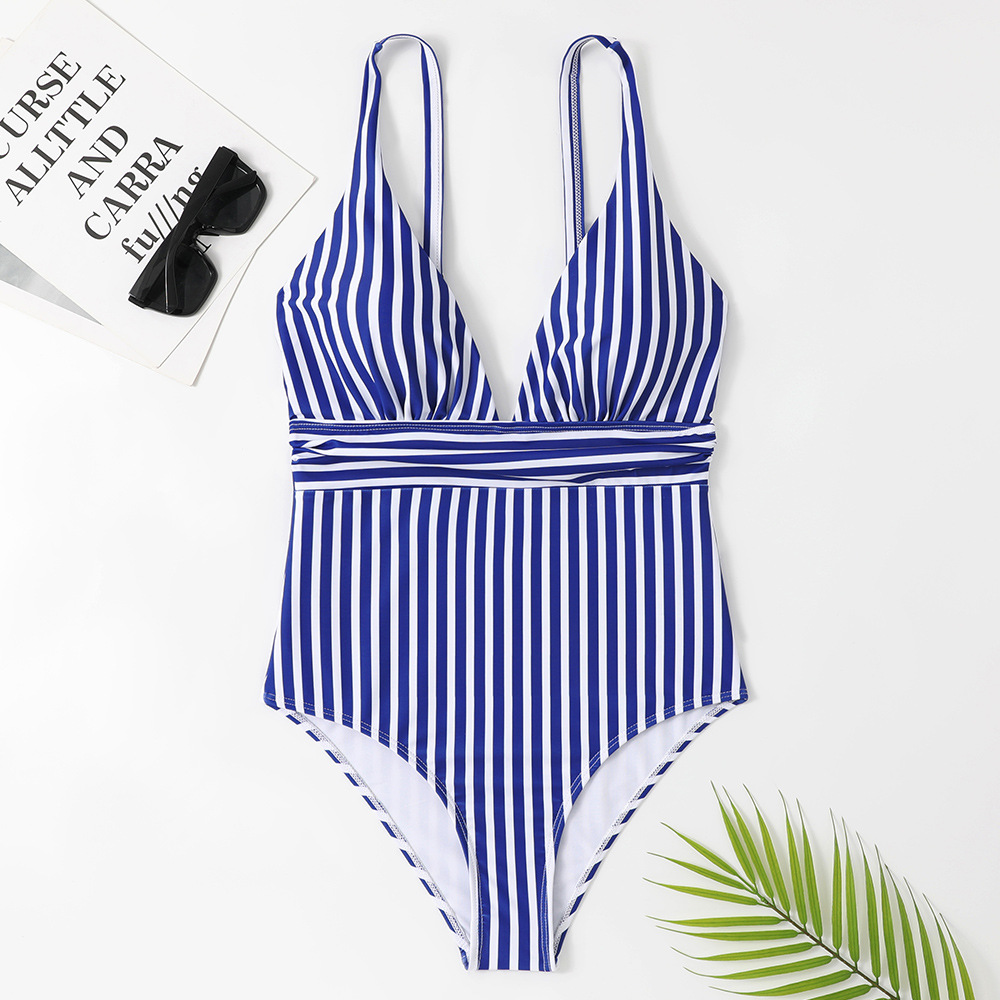 One-piece swimsuit V-neck halter swimsuit sweet striped bikini swimsuit