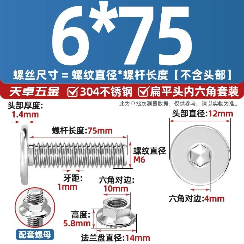 304不锈钢CM大平头超薄头C头扁平头内六角螺丝钉法兰边螺母套装M5|undefined