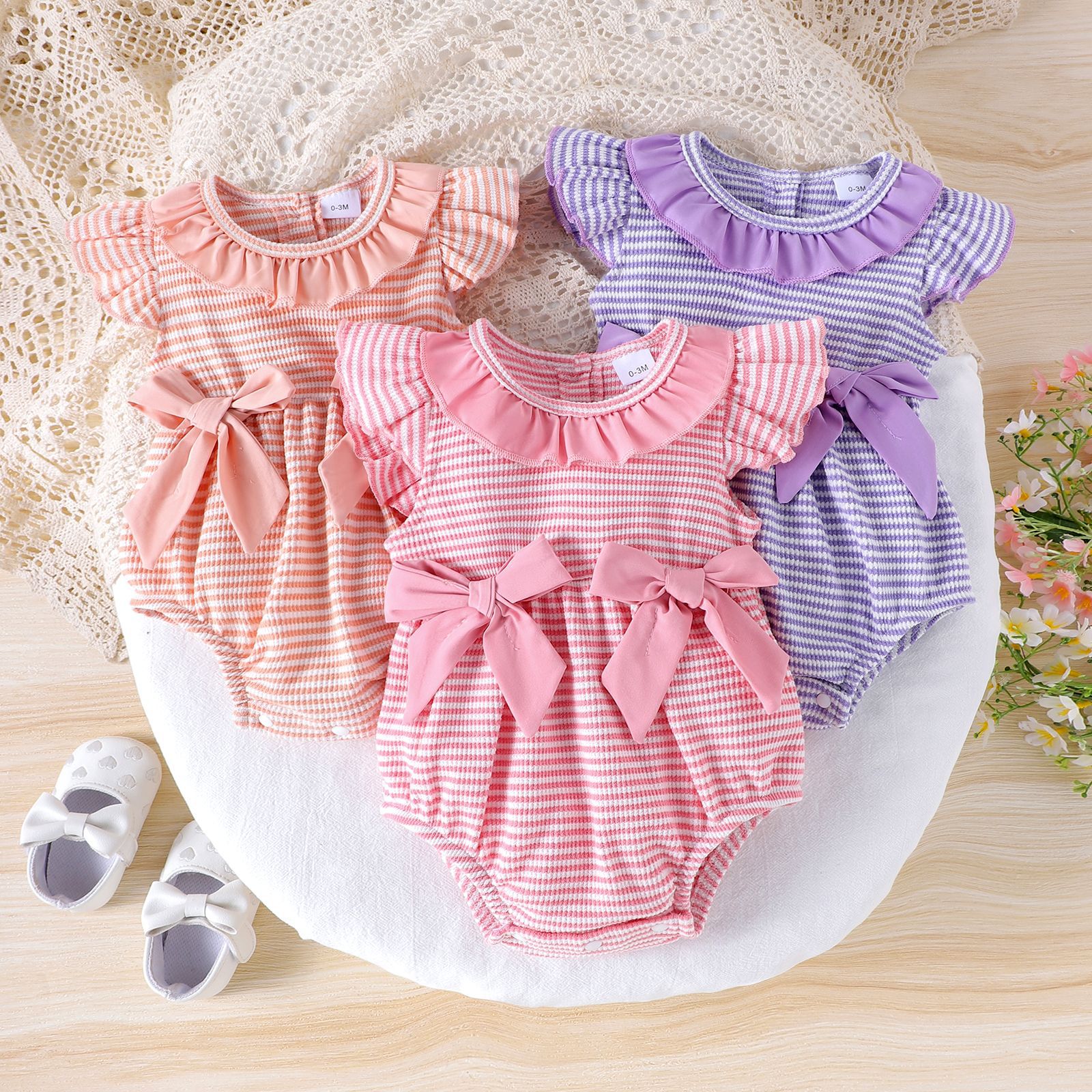 Cross-Border Infant and Toddler Cute Baby Girl Striped Flying Sleeve One-Piece Bodysuit