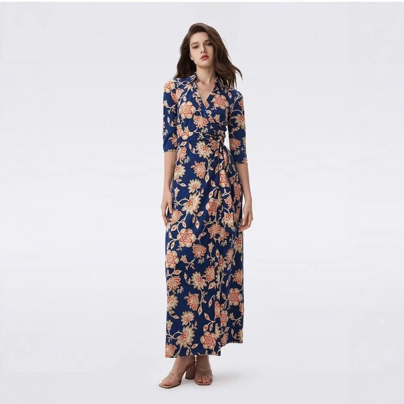 New Elegant High-Waisted Slimming Wrap Skirt Blue Floral Long Collared One-Piece Dress Long Skirt New Elegant High-Waisted Slimming Wrap Skirt Blue Floral Long Collared One-Piece Dress Long Skirt