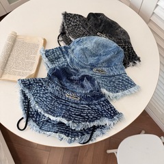韓版ins復古毛邊字母大檐漁夫帽子女夏季做舊戶外遮陽盆帽顯臉小