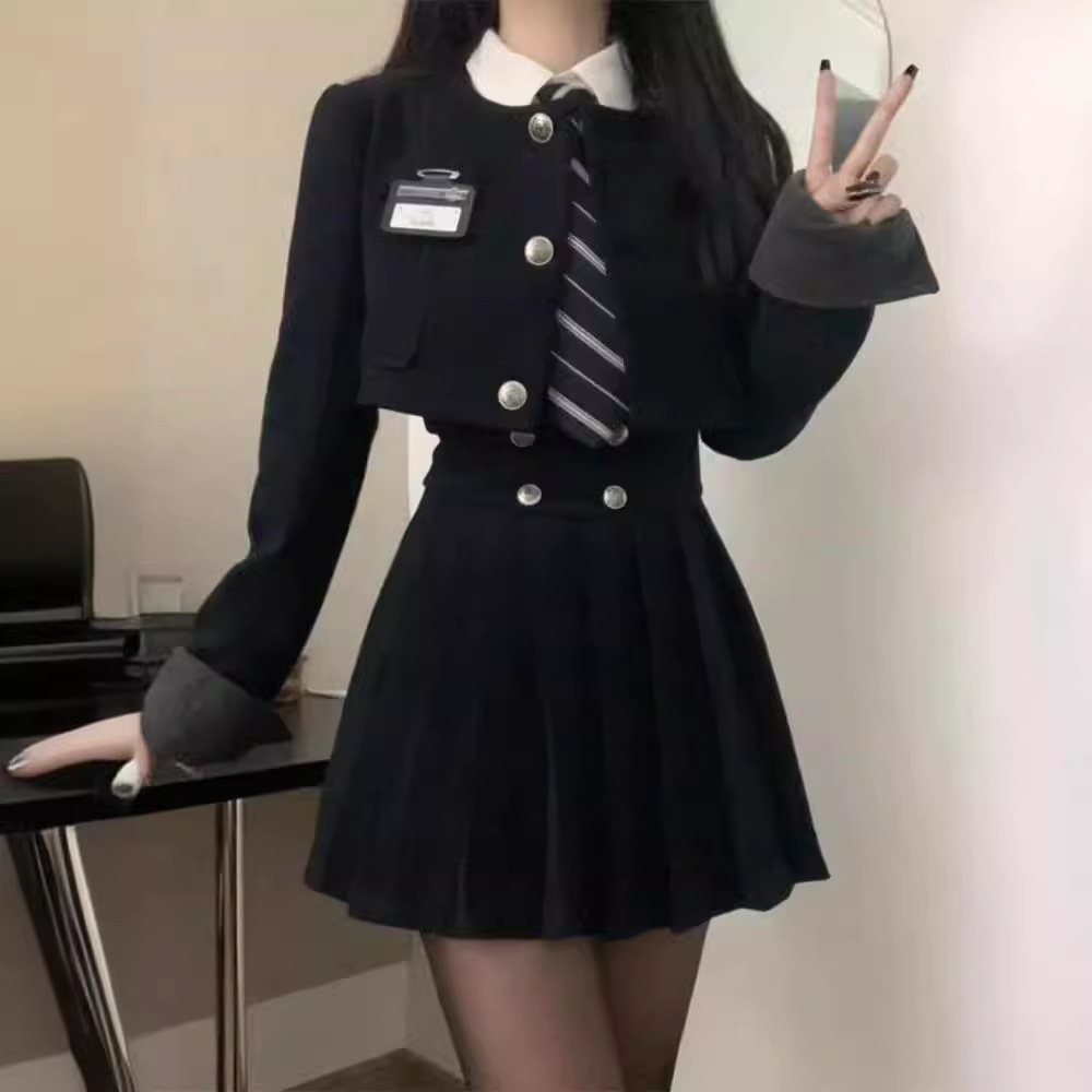 Short Suit Jacket Uniform American College Style Suit Women's Spring and Autumn High-Waist Slim Pleated Skirt Three-Piece Set