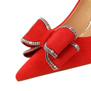 828-H30 Korean Fashion Spring and Autumn New High Heels, Thick Heels, Suede, Shallow Mouth, Pointed Bow, Single Shoes fo