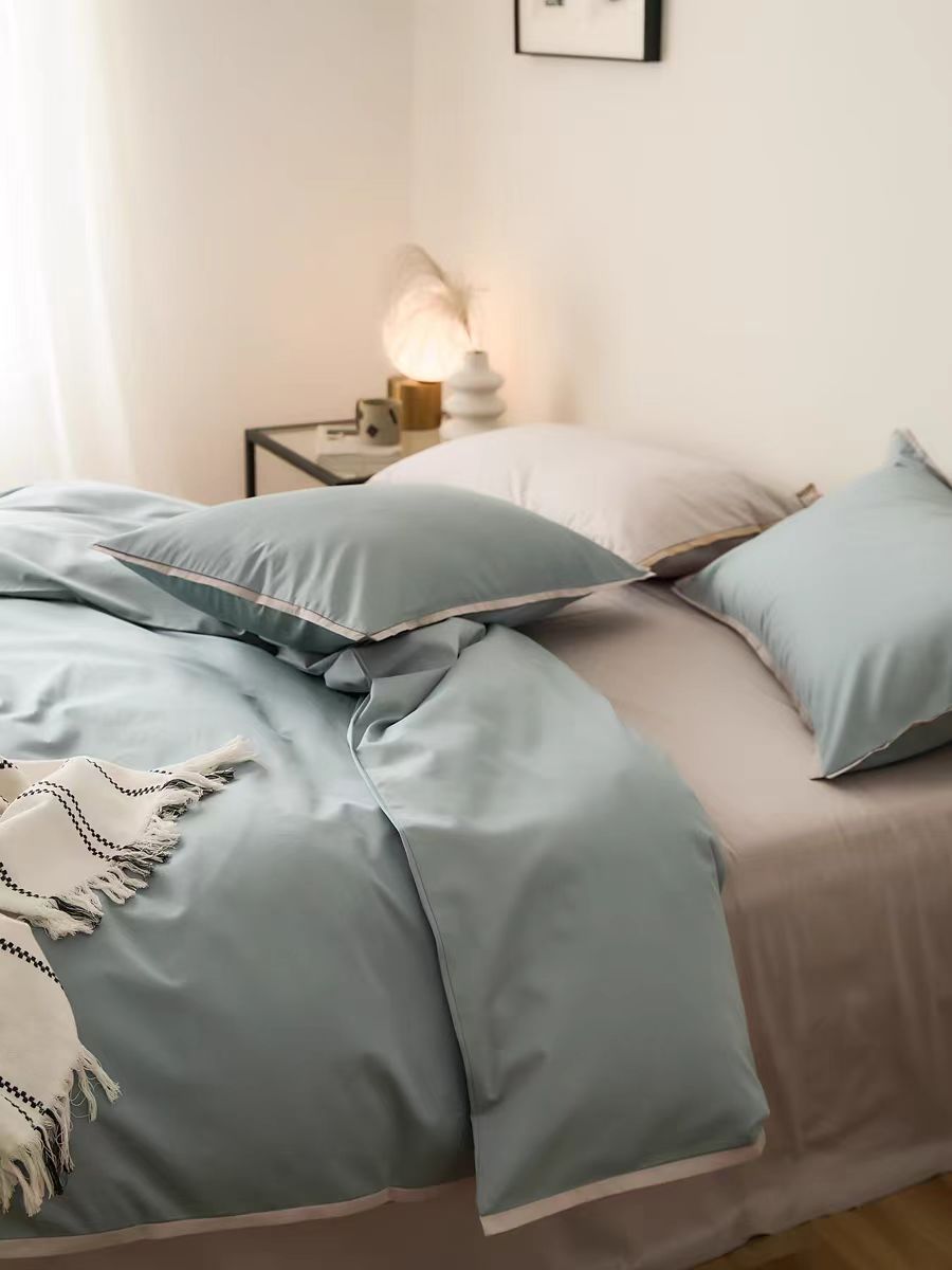 Estilo nórdico 100S algodón de cuatro piezas de satén de algodón de fibra larga algodón de cuatro piezas de algodón puro simple funda de edredón de cama de color sólido sábana