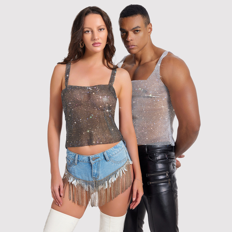 Cross-border European and American Flash Diamond Women's Fashion Party Perspective Sling Top Women's Inner Sexy Base Vest for Men and Women