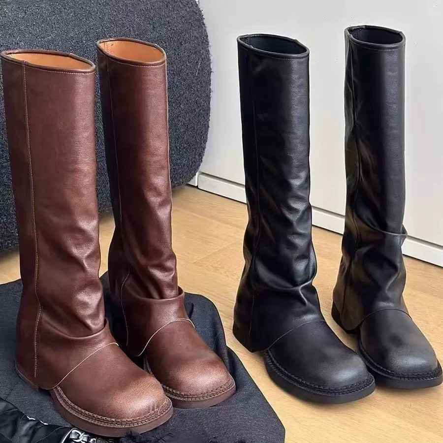 羊皮版~英伦风圆头堆堆裤管靴女高筒真皮褶皱骑士靴辣妹炸街长靴