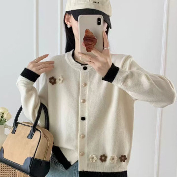 立体花朵高级感针织开衫女上衣拼色圆领2025秋冬新款慵懒毛衣外套|undefined