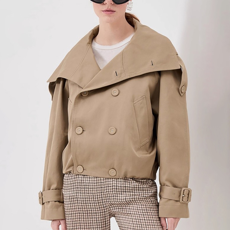 Ac*E 2026 Autumn New Double-Breasted Stand Collar Short Trench Coat for Petite Women, Elegant Khaki Color