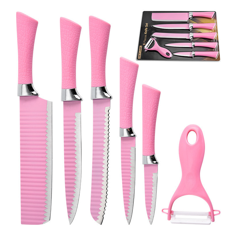 Juego de cuchillos de cocina de acero inoxidable de seis piezas con patrón de onda de color de venta caliente