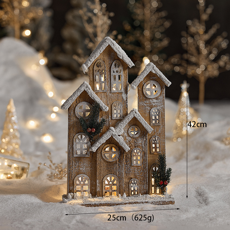 Casa luminosa de madera decoración de escenario props decoración de Navidad con lámparas decoración de piso de escritorio tridimensional