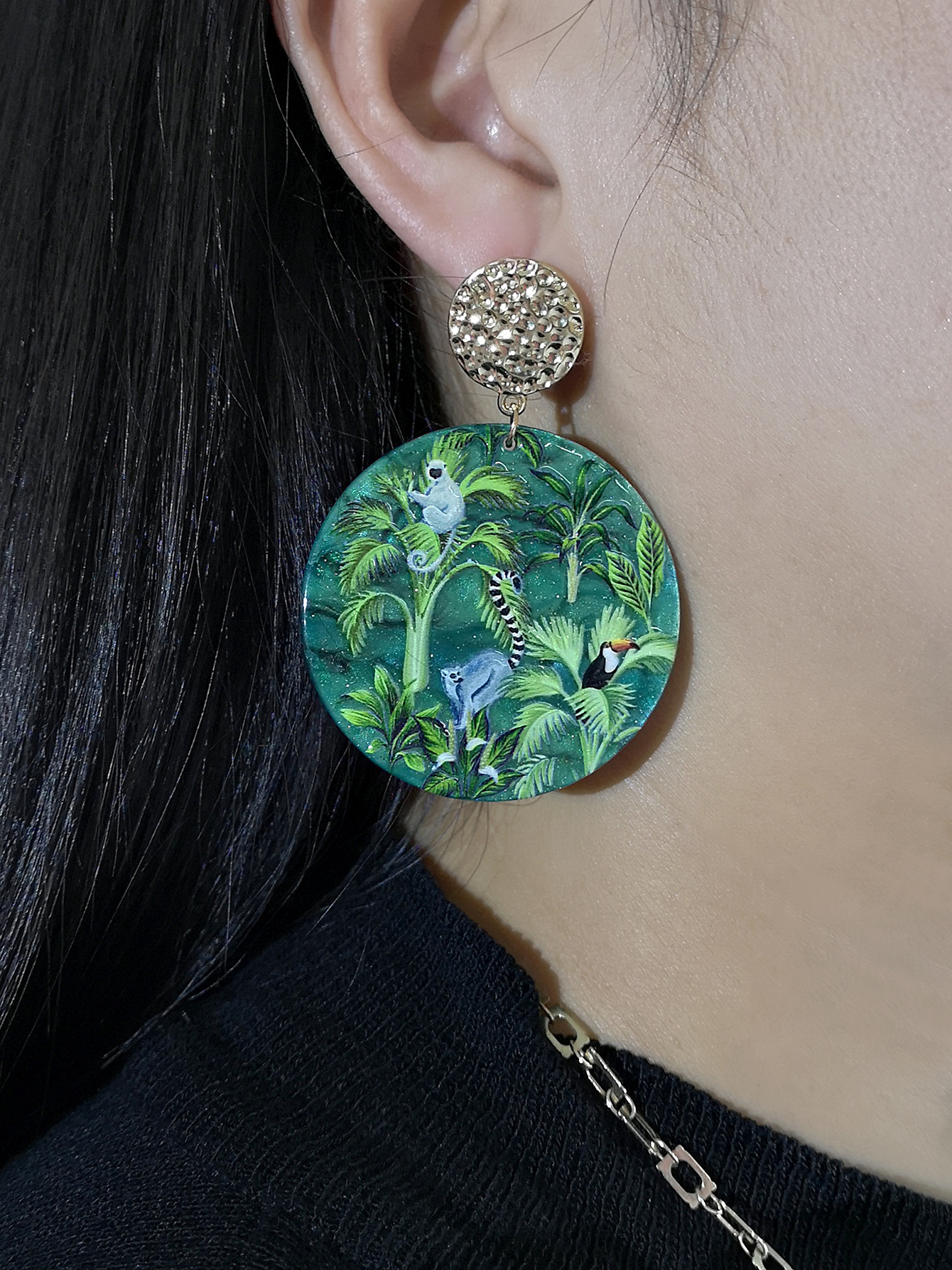 Green Rainforest Animals Plants Embossed Printed Earrings display picture 1