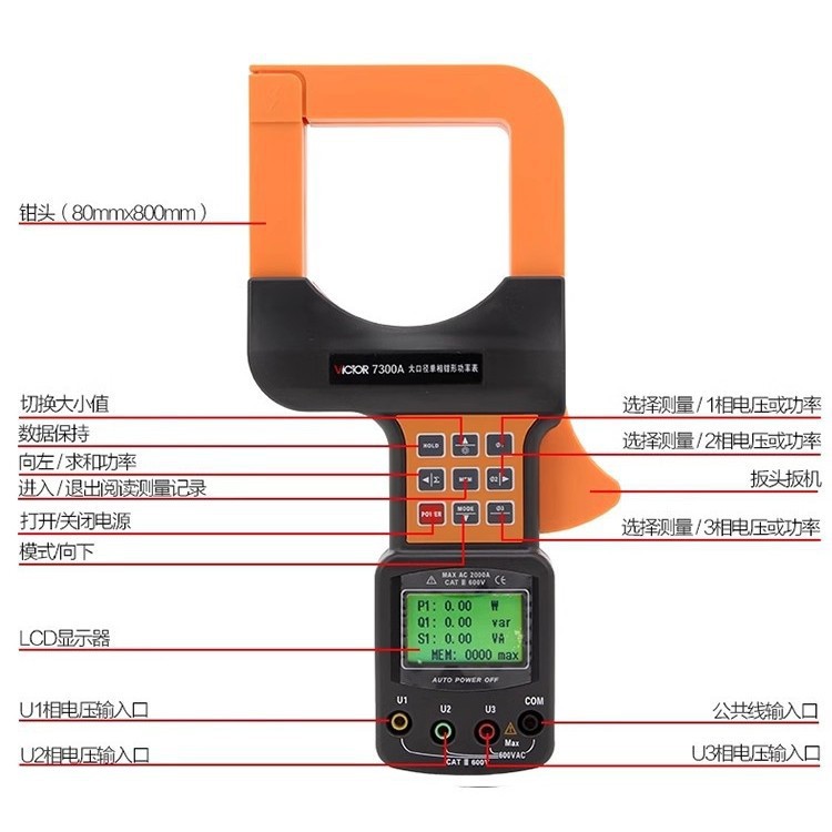 钳形功率表胜利VC7300A电脑接口大口径数字三相钳形功率计万用表