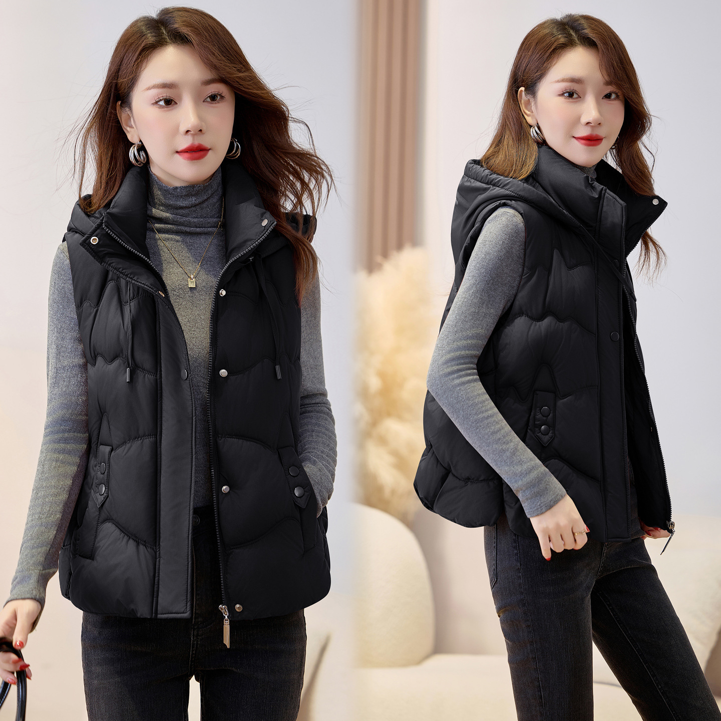 2025 otoño y invierno corto estilo coreano de moda nicho de diseño relajado sensación de collar grueso chaleco cálido abrigo de algodón image 8