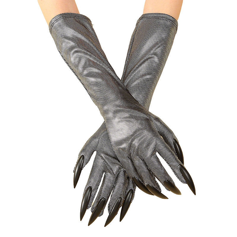 Guantes de garra de Halloween, uñas de lentejuelas negras, accesorios de cosplay de Hollowen, guantes de uñas largas