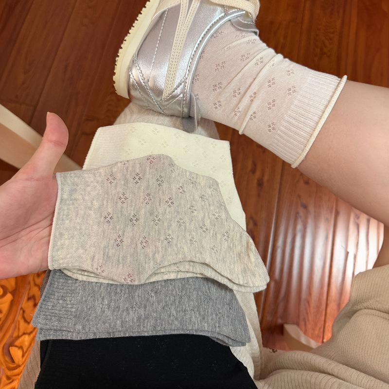 Spring and Summer Korean Versatile Solid Color Thin Mid-Calf Socks Mesh Breathable Ins Trendy College Ballet Style Slouch Socks Long Socks
