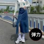 弹力前开叉修身美女牛仔裙