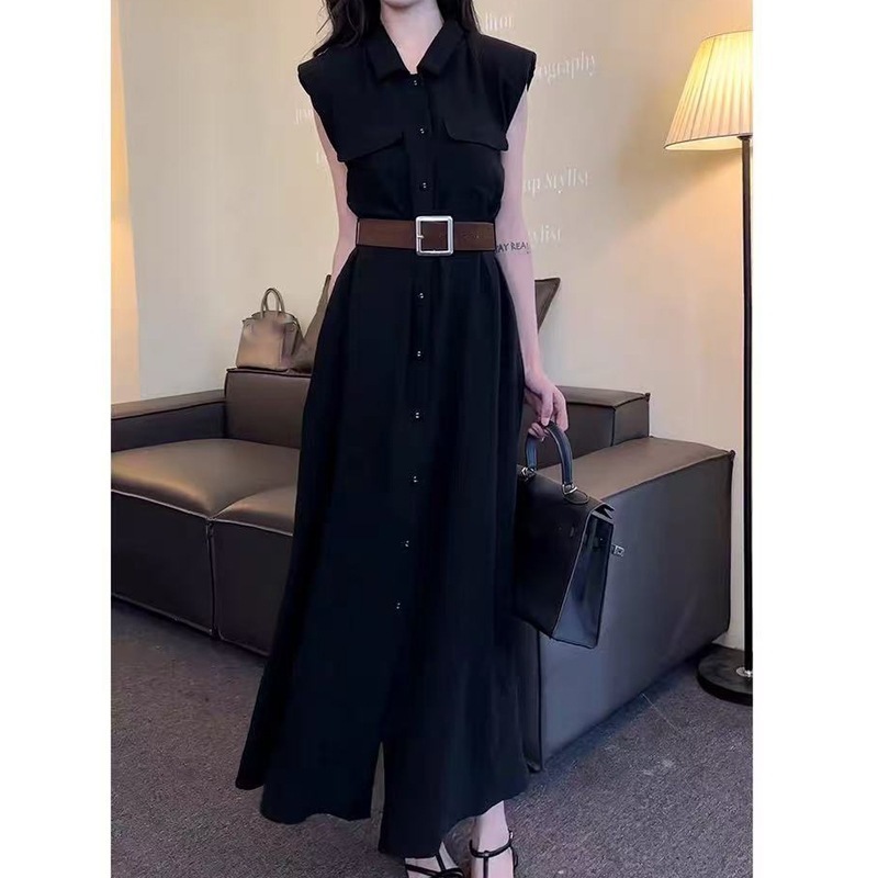 气质高级感翻领无袖亚麻连衣裙女2025夏季新款收腰显瘦背心裙长裙|undefined