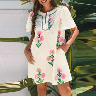 European and American fashion flower printing bubble sleeve dress women's 2025 summer new small fresh color matching knee skirt