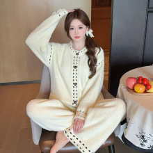 软绵绵半边绒睡衣女秋冬季加厚保暖气质贵妇小香风家居套装可外穿