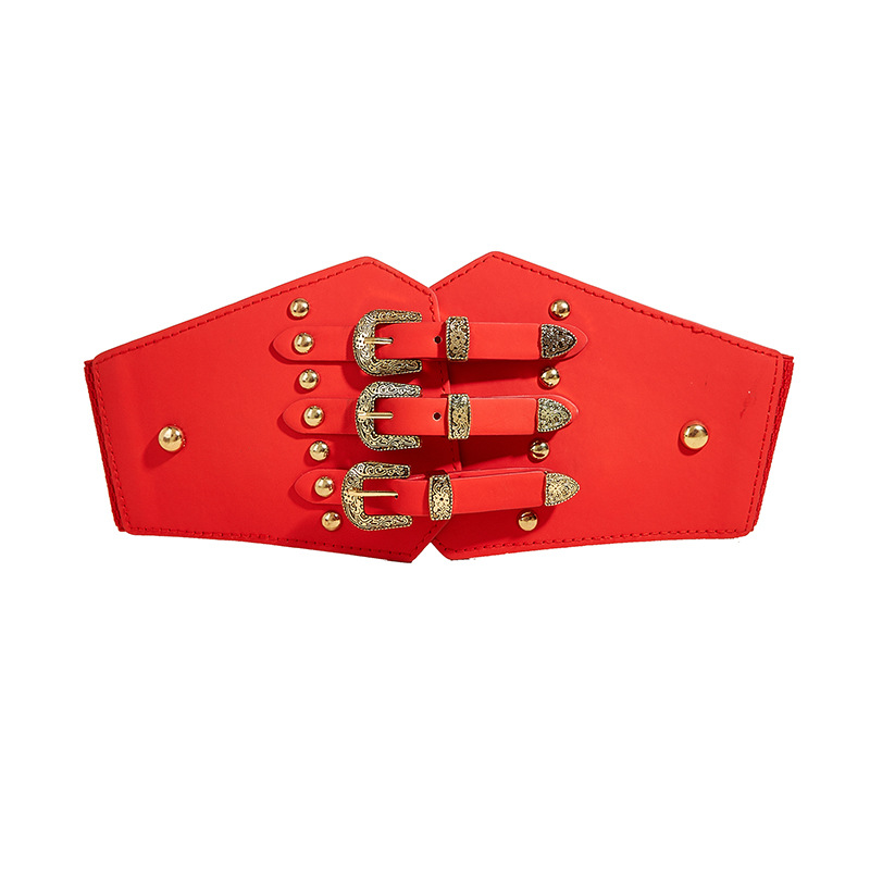 Three piece buckle waist seal with shirt decoration down jacket women's elastic rivet waist wide belt women's belt_voghion.com